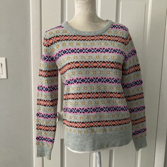J Crew Women's Neon Fair Isle 100% Lambswool Gray Cozy pullover Sweater Small - Picture 9 of 12